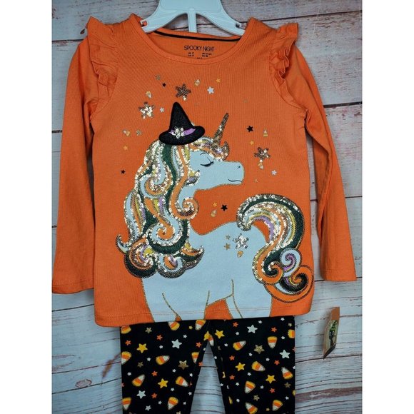 Spooky Night Unicorn Sequin 3 Toddler 2 Piece Kids Orange Shirt Pants Set - Picture 5 of 12
